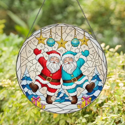 Red & Teal Santa Claus Christmas Ornaments Snowy Scene - Holiday Decor Gift Stained Glass Suncatcher