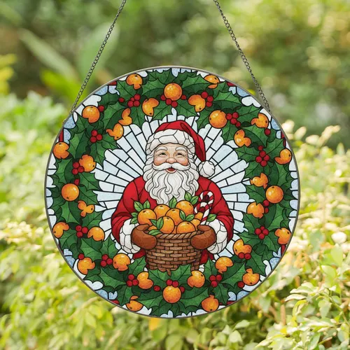 Santa Claus Tangerine Candy Cane Holly Wreath - Christmas Window Decor Stained Glass Suncatcher