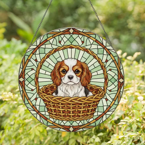 Tri-Color Cavalier King Charles Spaniel Puppy Woven Basket - Dog Lover Home Decor Gift Stained Glass Suncatcher
