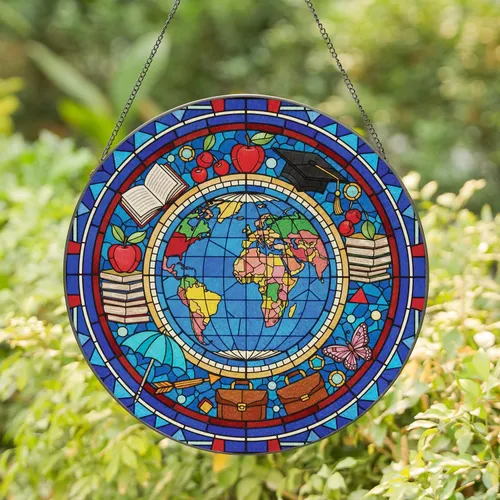 World Map Globe Books Compass Graduation Cap Umbrella Briefcase - Knowledge Lover Home Decor Gift Stained Glass Suncatcher