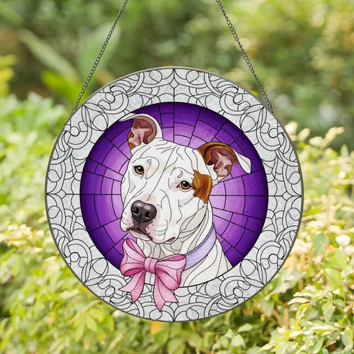 American Staffordshire Terrier Pink Bow Dog - Dog Lover Home Decor Gift Stained Glass Suncatcher