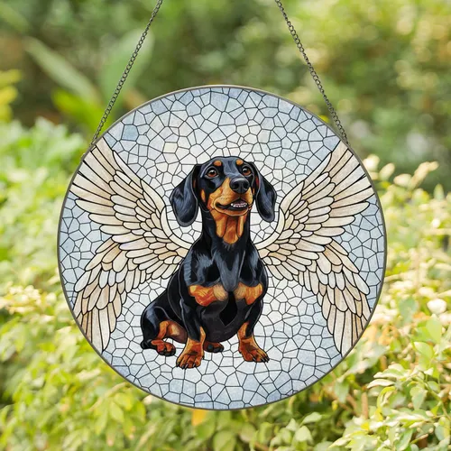 Black Tan Dachshund Multi-Segmented Feathered Wings Sky - Dog Lover Home Decor Gift Stained Glass Suncatcher
