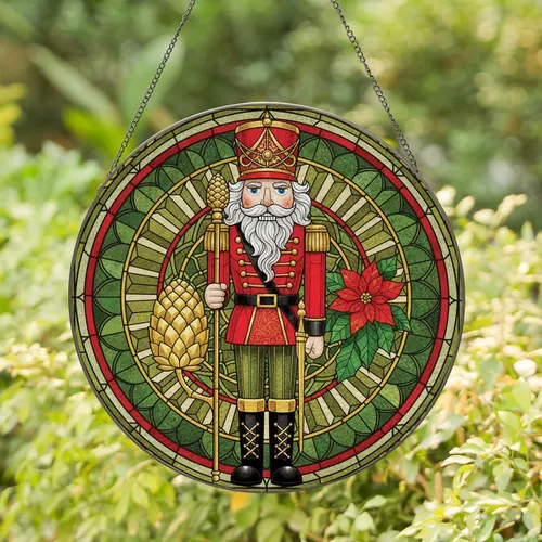 Nutcracker Soldier Pinecone Poinsettia - Christmas Holiday Home Decor Gift Stained Glass Suncatcher