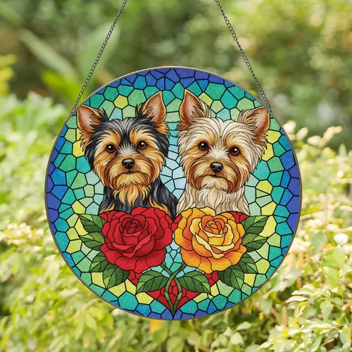 Two Yorkshire Terriers Heart Roses Floral - Dog Lover Home Decor Gift Stained Glass Suncatcher