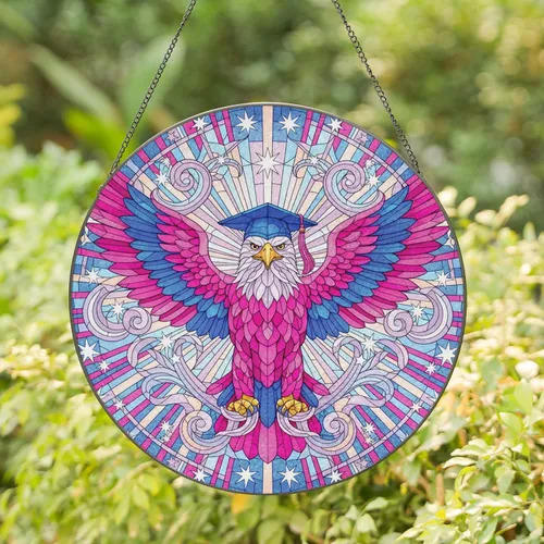 Bald Eagle Graduation Cap Pink Blue Plumage - Graduate Home Decor Gift Stained Glass Suncatcher
