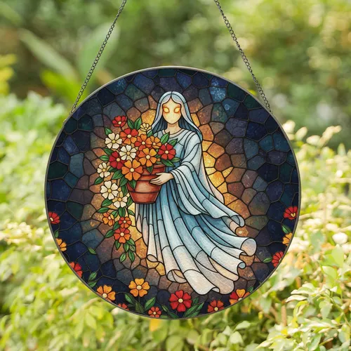 Flowing Robes Ghost Terracotta Pot Orange Red Flowers Mosaic - Home Decor Gift Stained Glass Suncatcher