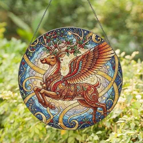 Leaping Winged Reindeer Holly Berries Floral Geometric Wings Celestial - Christmas Home Decor Gift Stained Glass Suncatcher