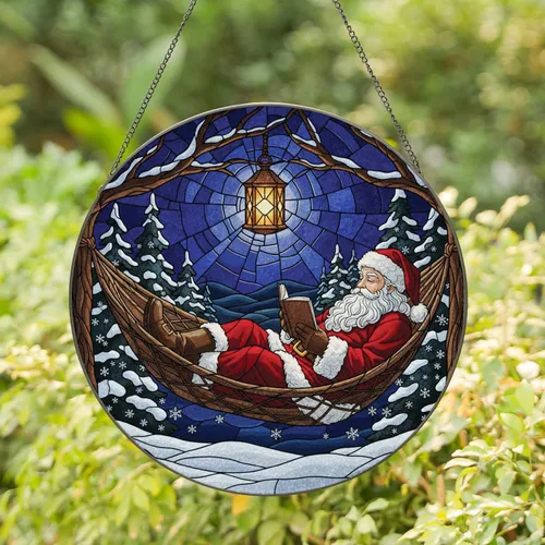 Santa Claus Reading Hammock Winter Landscape - Christmas Holiday Home Decor Gift Stained Glass Suncatcher