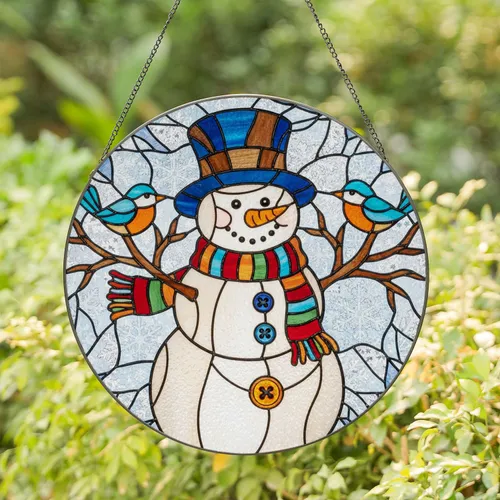 Cheerful Snowman Birds Branches Snowflakes - Christmas Holiday Home Decor Gift Stained Glass Suncatcher