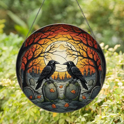 Black Crows Gothic Graveyard Moon - Halloween Decor Gift for Gothic Lover Stained Glass Suncatcher