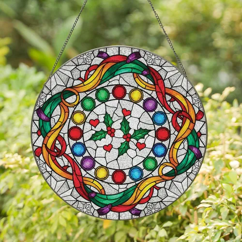 Colorful Christmas Lights Holly Hearts Snowflakes - Christmas Home Decor Gift Stained Glass Suncatcher