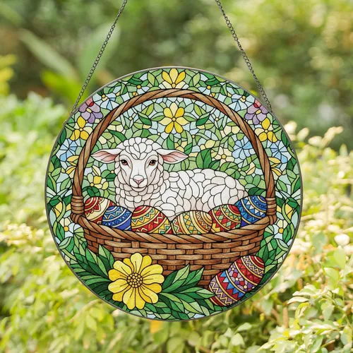 Fluffy White Lamb Easter Eggs Woven Basket Yellow Flower - Easter Home Decor Gift Stained Glass Suncatcher