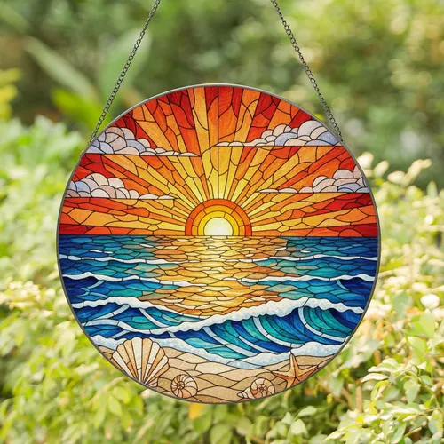 Ocean Sunset Beach Shells Starfish - Home Decor Gift for Beach Lover Stained Glass Suncatcher