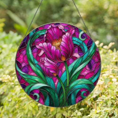 Tulips Full Bloom Bud Flowing Segmented Leaves - Home Decor Gift for Gardeners Stained Glass Suncatcher