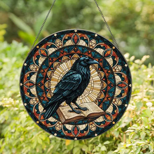 Black Raven Aged Open Book Gothic Mosaic Background - Home Decor Gift Stained Glass Suncatcher