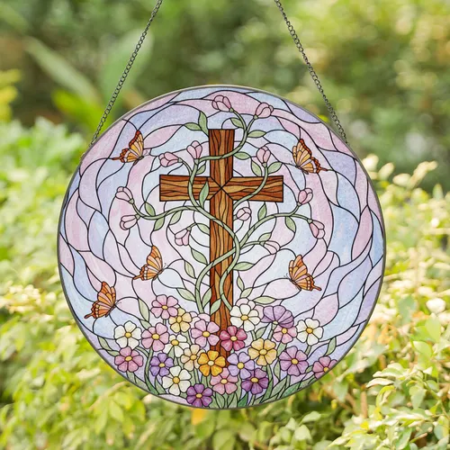 Brown Wooden Cross Wildflowers Butterflies Celestial Sky - Home Decor Gift Stained Glass Suncatcher