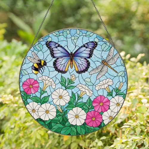 Monarch Bumblebee Dragonfly Petunia Flowers - Wildlife Home Decor Gift Stained Glass Suncatcher