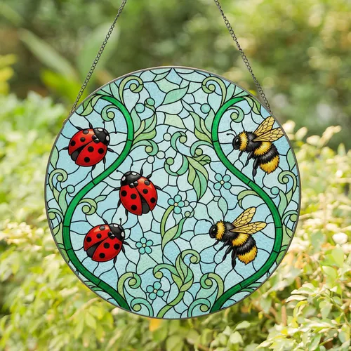 Ladybugs Bumblebees Climbing Vine Floral - Home Decor Gift for Garden Lover Stained Glass Suncatcher