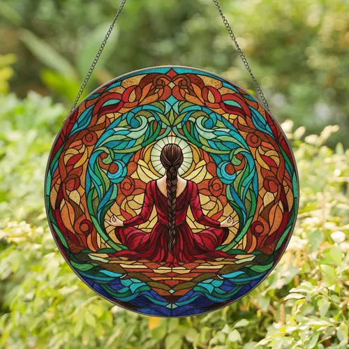 Woman Meditating Lotus Pose Braided Hair - Yoga Gift for Yoga Lover Stained Glass Suncatcher