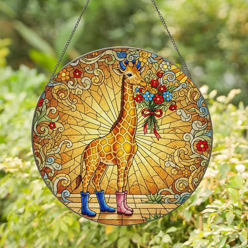 Crowned Giraffe Flower Bouquet - Home Decor Gift for Wildlife Lover Stained Glass Suncatcher