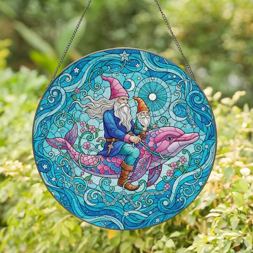 Old Man Pink Hat Gnome Dolphin Ride Floral Celestial Mosaic - Fantasy Home Decor Gift Stained Glass Suncatcher