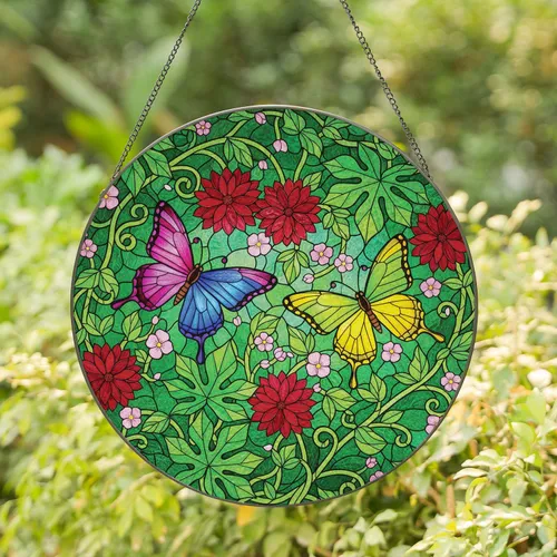 Vibrant Butterflies Dahlia Flowers Blossoms Foliage - Garden Window Decor for Garden Lover Stained Glass Suncatcher