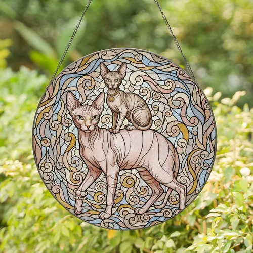 Two Sphynx Cats Carrying Sphynx Pearl Bracelet Gold Medallion - Cat Lover Home Decor Gift Stained Glass Suncatcher