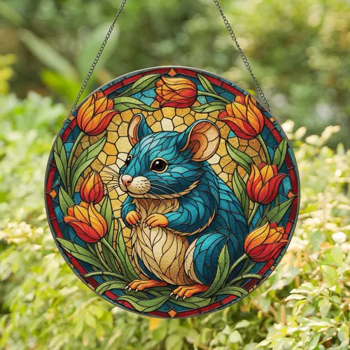 Teal Blue Mouse Orange Red Tulips Foliage - Window Decor Gift for Wildlife Lovers Stained Glass Suncatcher