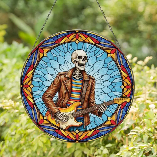 Detailed Skeleton Playing Orange Electric Guitar - Home Decor Gift for Music Aficionados Stained Glass Suncatcher