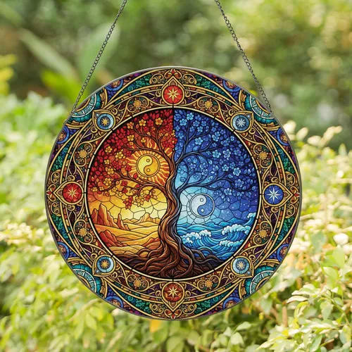 Tree of Life Yin-Yang Sun Moon Desert Sea Landscape Gold Scrollwork Celestial Elements Star Symbols - Home Decor Gift Stained Glass Suncatcher