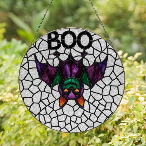 Friendly Hanging Halloween Bat Spiderweb Boo - Halloween Window Decor Gift Stained Glass Suncatcher