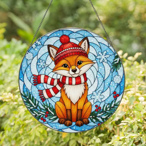 Cartoon Fox Winter Hat Scarf Snowflakes Berries - Christmas Holiday Home Decor Gift Stained Glass Suncatcher