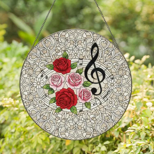 Roses Musical Staff Treble Clef Lace Filigree Floral - Home Decor Gift for Music Lover Stained Glass Suncatcher