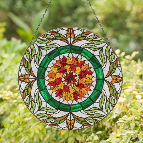 Tiffany Overlapping Autumn Maple Foliage Circle - Home Decor Gift for Nature Lover Stained Glass Suncatcher