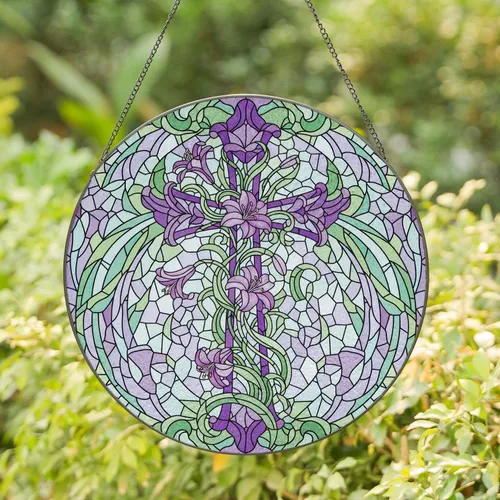 Stained Glass Mosaic Christian Cross Easter Lilies Green Foliage - Easter Gift Stained Glass Suncatcher