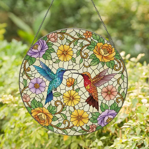 Two Hummingbirds Blooming Floral Stained Glass - Wildlife Home Decor Gift Stained Glass Suncatcher