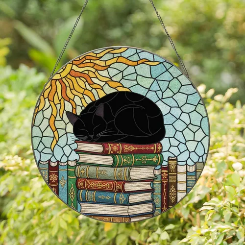 Black Cat Sleeping on Vintage Books Sun - Home Decor Gift for Cat Lover Stained Glass Suncatcher
