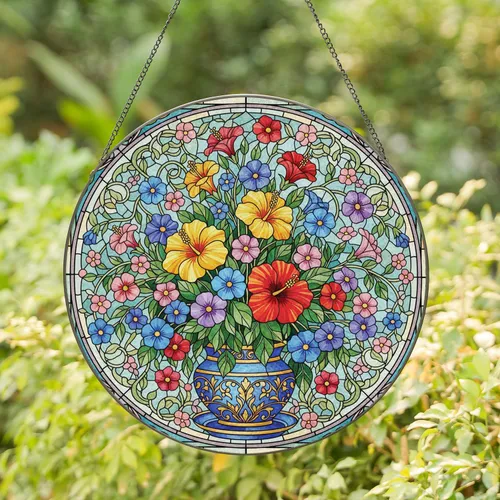Overflowing Bouquet Hibiscus Petunia Flowers Ornate Blue Ceramic Pot - Garden Lover Gift Stained Glass Suncatcher