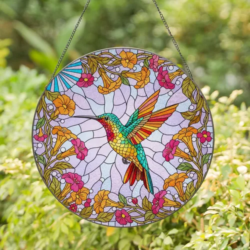 Hummingbird Trumpet Flower Floral Foliage Mosaic - Home Decor Gift Stained Glass Suncatcher