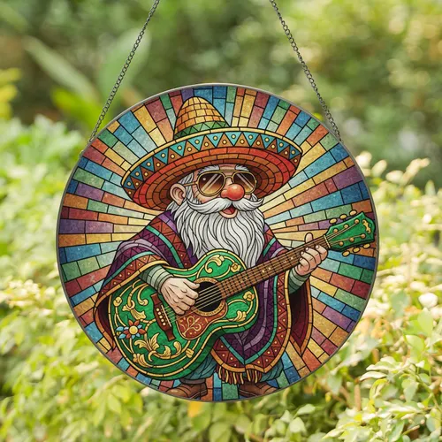 Gnome Sombrero Acoustic Guitar - Home Decor Gift for Music Lover Stained Glass Suncatcher