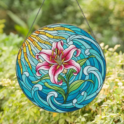 Stargazer Lily Sunburst Flower - Home Decor Gift for Flower Lover Stained Glass Suncatcher