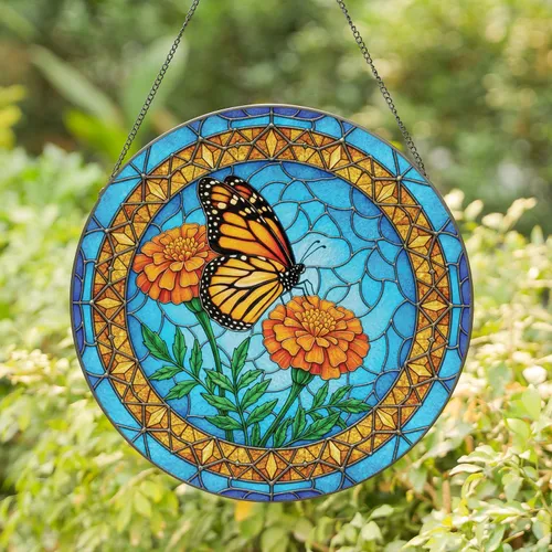Monarch Butterfly Marigold Flowers - Home Decor Gift for Butterfly Lover Stained Glass Suncatcher
