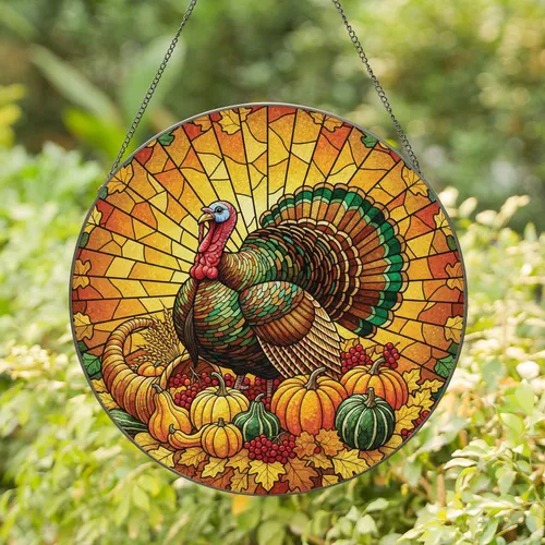 Magnificent Thanksgiving Turkey Harvest Display - Holiday Home Decor Stained Glass Suncatcher