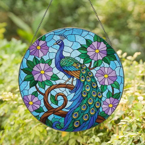 Peacock Floral Garden - Home Decor Gift for Bird Lover Stained Glass Suncatcher