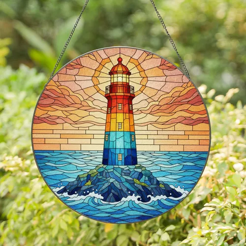 Majestic Stained Glass Lighthouse Rocky Island Ocean Waves Sunset Glow - Home Decor Gift Stained Glass Suncatcher