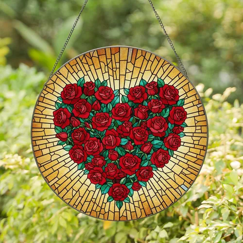 Heart Shape Packed with Red Rose Buds, Blooms & Greenery - Romantic Window Decor Gift Stained Glass Suncatcher
