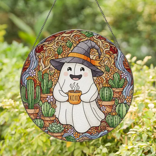 White Ghost Witch Hat Cacti Succulents Autumn Leaves - Halloween Home Decor Gift Stained Glass Suncatcher