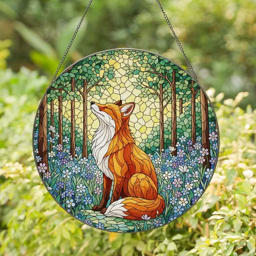 Orange Fox Wildflowers Butterfly Forest Foliage Mosaic - Wildlife Lover Gift Stained Glass Suncatcher