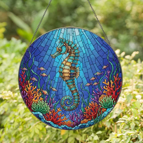 Seahorse Coral Reef Fish Sea Anemones Seaweed Ocean Mosaic - Ocean Lover Gift Stained Glass Suncatcher