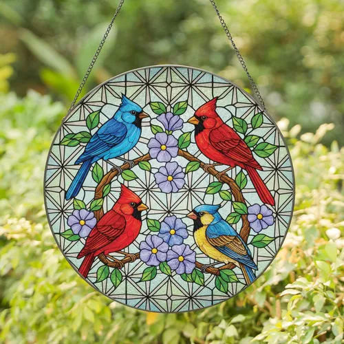 Songbirds Bluebird Cardinals Flowers - Home Decor Gift for Bird Lovers Stained Glass Suncatcher